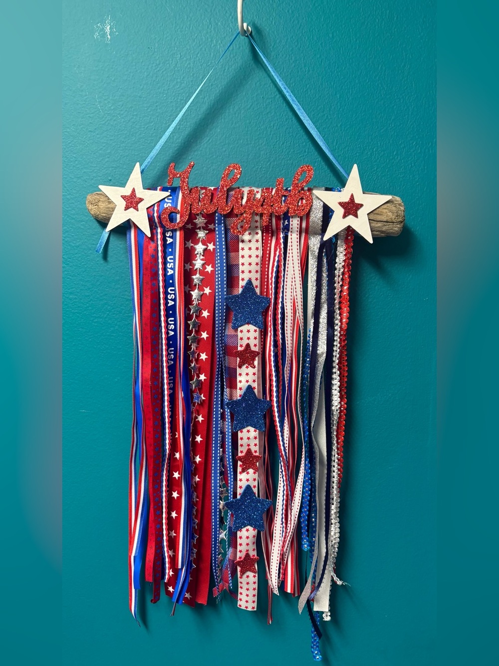 Patriotic July 4th Ribbon Wall Hanging - Red White Blue